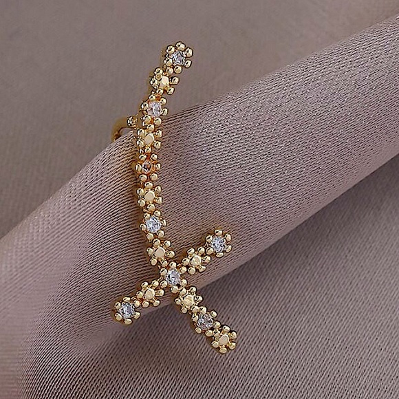 Gold Zircon Daisy Cross Ear Climber, Ear Jacket, Minimalist - Picture 2 of 6